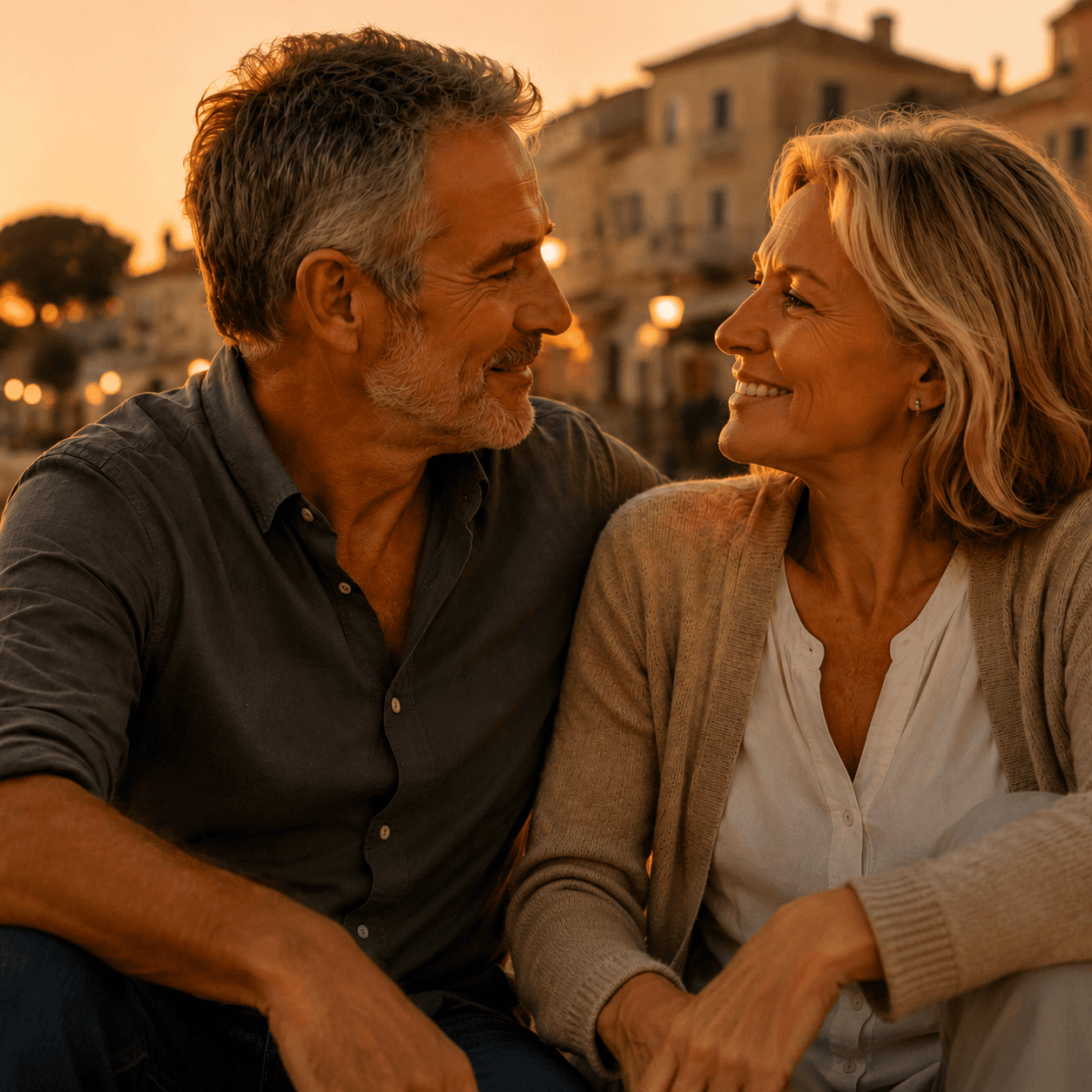 An elderly couple walking together by the shore